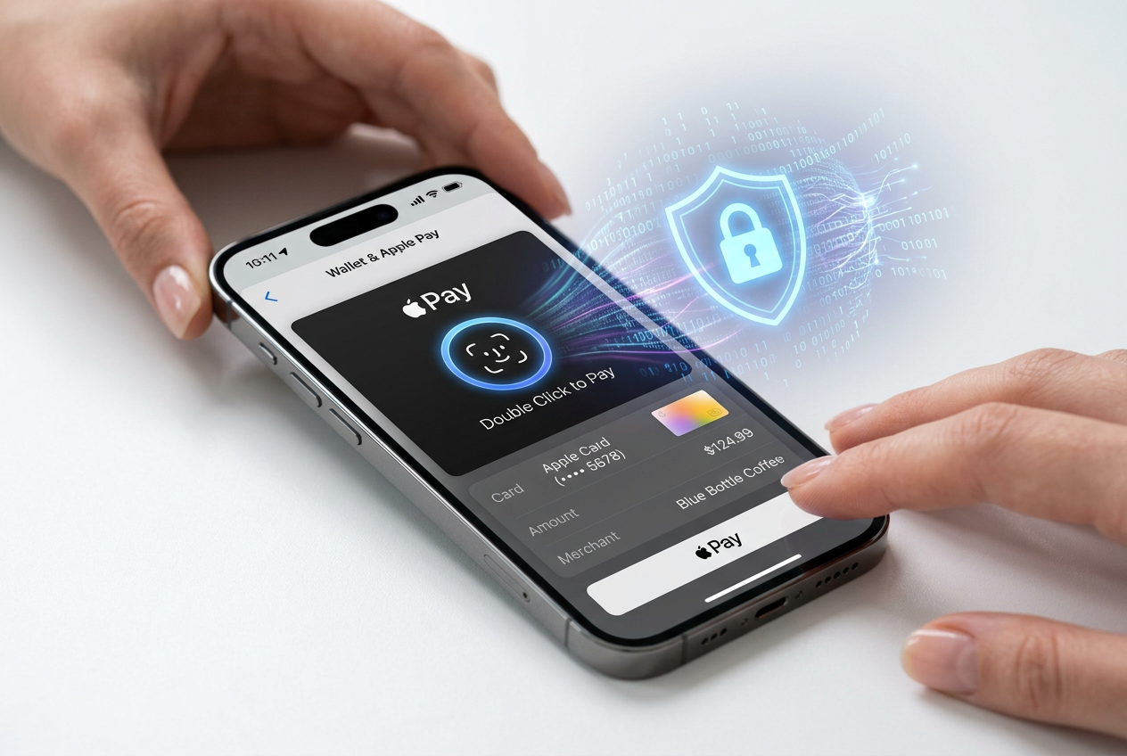 Face ID biometric scanning icon on a smartphone screen representing secure payment encryption.